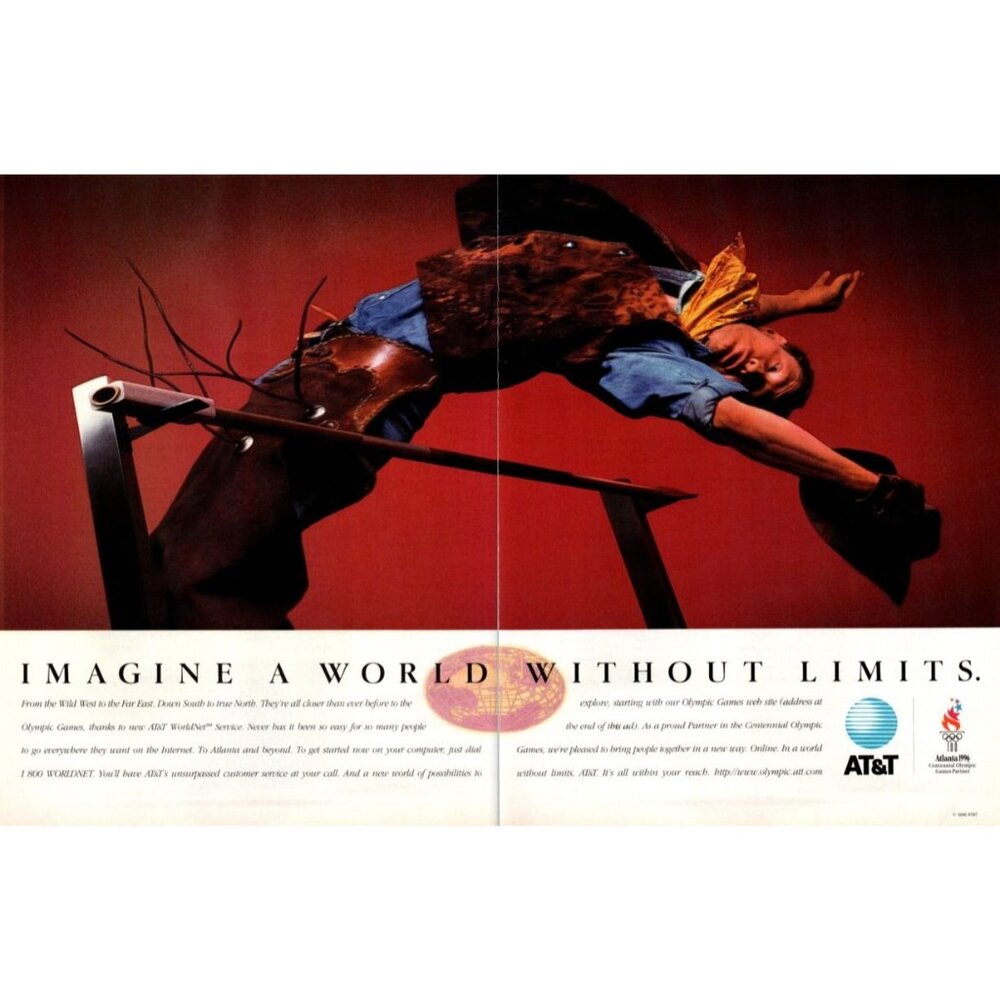 1996 AT&T WorldNet Service 2 Page Vintage Print Ad Cowboy High Jumping Wall Art